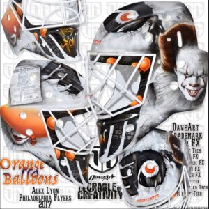 Alex Lyon Philadelphia Flyers 2017 goalie mask featuring Pennywise from IT, painted by DaveArt, orange and white design