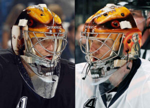 Mike Smith goalie mask side-by-side comparison featuring horror-themed Halloween artwork with dark eye details