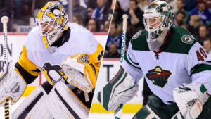 Pittsburgh Penguins and Minnesota Wild goalies in butterfly stance during NHL games, wearing full gear