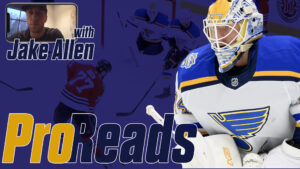Jake Allen in St. Louis Blues gear in butterfly stance, featured in InGoal Magazine's Pro Reads series