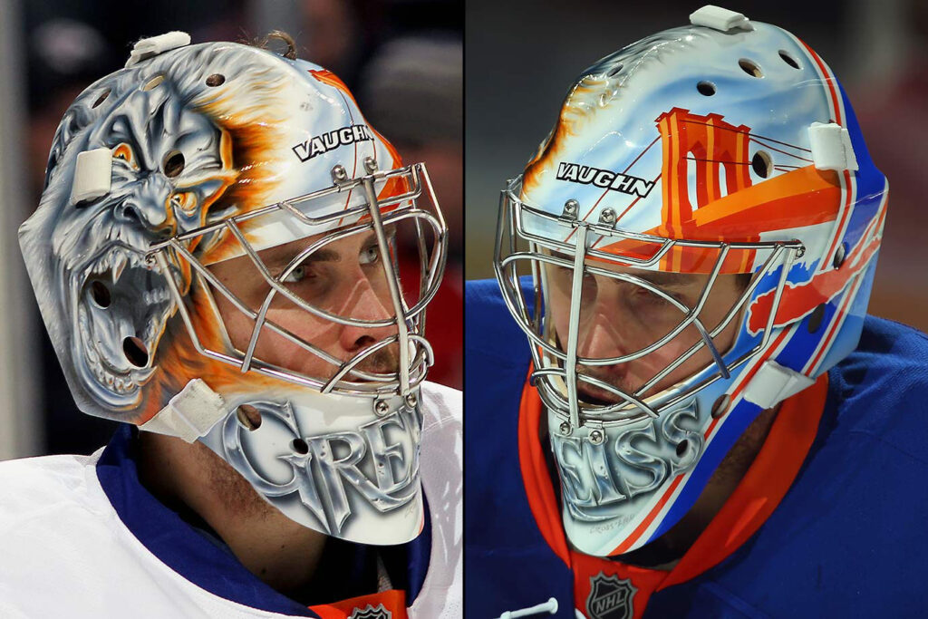Thomas Greiss goalie mask collage showing wolf and New York Islanders bridge designs, side-by-side close-up views