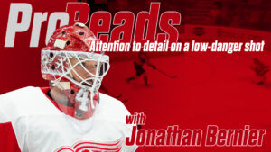 Jonathan Bernier in Detroit Red Wings gear for InGoal Pro Reads series on attention to detail on low-danger shots