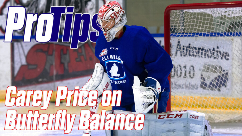 Carey Price in butterfly position during balance drill wearing Eli Wild blue practice jersey and CCM gear