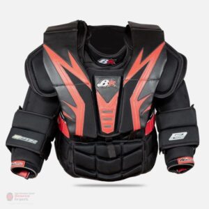 Brian's Optik 2 senior goalie chest and arm protector in black with red accents, front view
