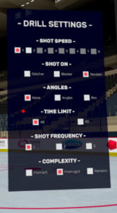 Sense Arena VR goalie training app showing drill settings menu with options for shot speed, angle, time limit, and complex...