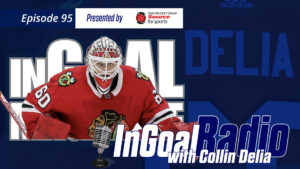 Collin Delia Chicago Blackhawks goalie in red jersey making a save attempt for InGoal Radio Episode 95