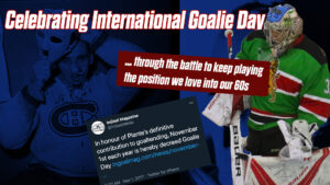 Goalie in green Ak Bars Kazan gear makes a save in full butterfly, with vintage Canadiens goalie image and tweet overlay