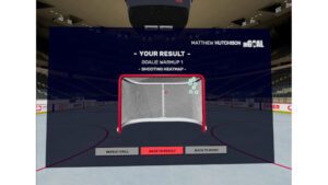 Sense Arena VR goalie training shooting heatmap showing shot locations on a hockey net from the goaltender's perspective
