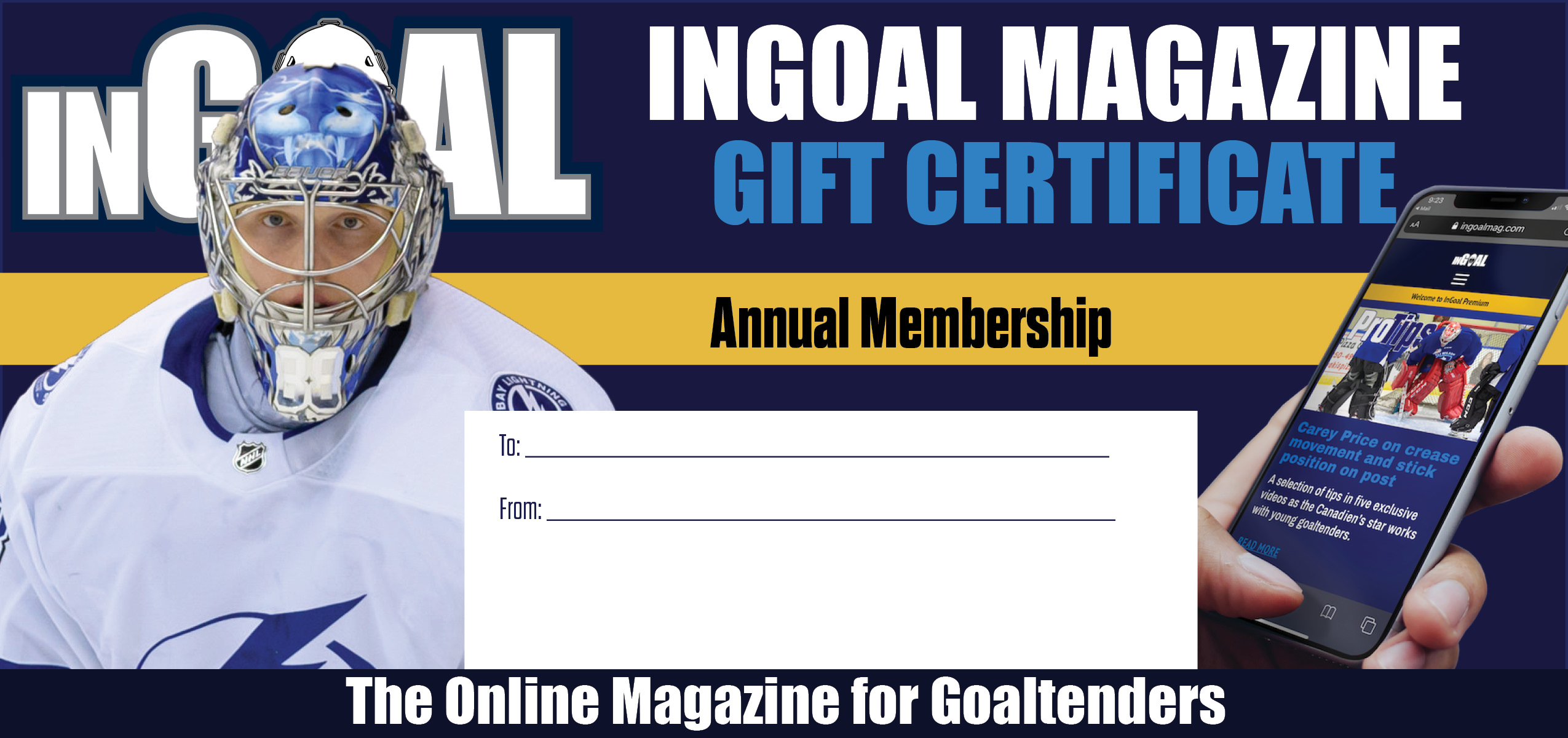 InGoal Magazine gift certificate featuring Andrei Vasilevskiy in Tampa Bay Lightning gear with annual membership details