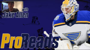Jake Allen in St. Louis Blues white jersey in butterfly stance, featured in InGoal Magazine Pro Reads series graphic