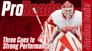 Jonathan Bernier in Detroit Red Wings white game gear in butterfly stance for InGoal ProReads series graphic