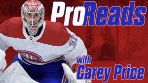 Carey Price Montreal Canadiens goalie in full gear poses for Pro Reads instructional series graphic