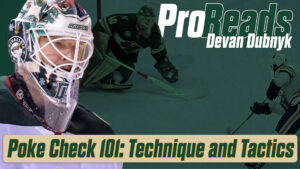 Devan Dubnyk Wild goalie in white mask close-up, poised in crease during poke check instructional ProReads feature