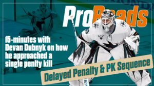 Devan Dubnyk in Sharks gear in butterfly stance, featured in InGoal ProReads delayed penalty and PK breakdown