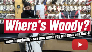 Video thumbnail showing goalie gear display with text Where's Woody and EFlex 4 savings promotion