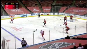 Florida Panthers goalie Chris Driedger in butterfly tracking play during a screen scenario against Detroit Red Wings