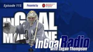 Logan Thompson in Maple Leafs practice gear making a glove save during InGoal Radio Episode 115 podcast artwork