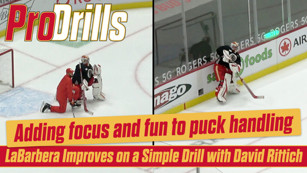 Jason LaBarbera coaches David Rittich on puck handling drills during Calgary Flames goalie training session