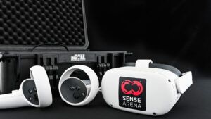 Sense Arena VR headset and controllers in front of a protective carrying case for goalie training