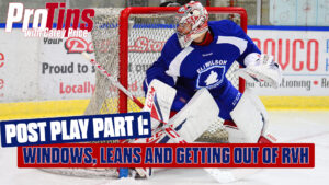 Goalie Eli Wilson demonstrates RVH post play technique in blue Ellivson jersey during Pro Tips instructional session