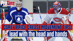 Carey Price in Canadiens gear and Eli Wilson in blue practice jersey demonstrating crease movement techniques
