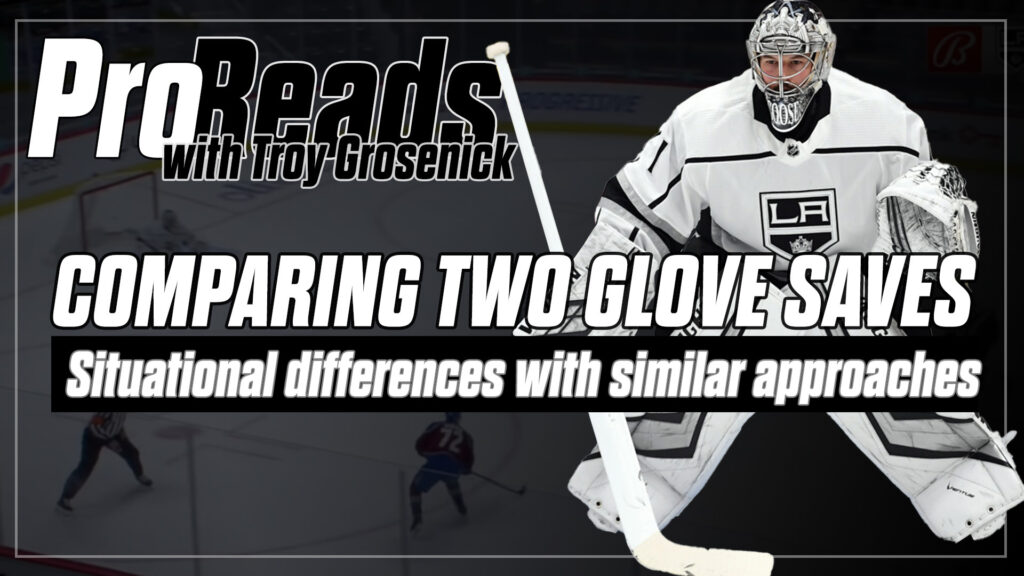 Troy Grosenick in LA Kings gear in butterfly stance demonstrating glove save technique for InGoal Pro Reads series