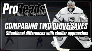 Troy Grosenick in LA Kings gear in butterfly stance demonstrating glove save technique for InGoal Pro Reads series