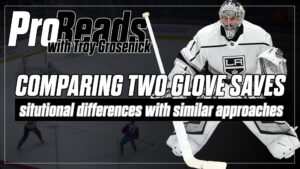 Troy Grosenick, LA Kings goalie, in butterfly stance making a glove save during ProReads instructional video analysis