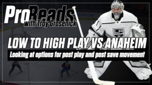 LA Kings goalie Troy Grosenick in stance during Pro Reads video on low-to-high post play vs Anaheim