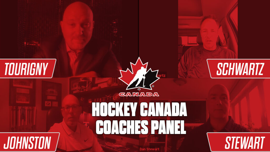 Hockey Canada Coaches Panel featuring Tourigny, Schwartz, Johnston, and Stewart with Team Canada logo