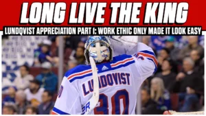 Henrik Lundqvist in New York Rangers white jersey, number 30, looking up on the ice during a game