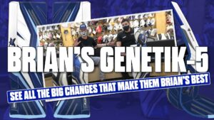 Brian's Genetik-5 goalie pads showcase thumbnail with equipment close-up and hockey gear store background