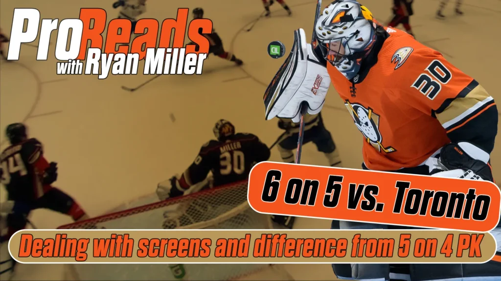 Ryan Miller in Anaheim Ducks orange gear tracking a screen in a 6-on-5 situation during Pro Reads instructional video