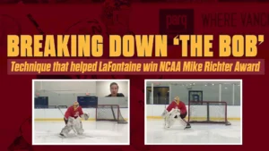 Goalie Caitlin LaFontaine demonstrates "The Bob" butterfly technique in two-panel instructional breakdown for NCAA Mike Ri...