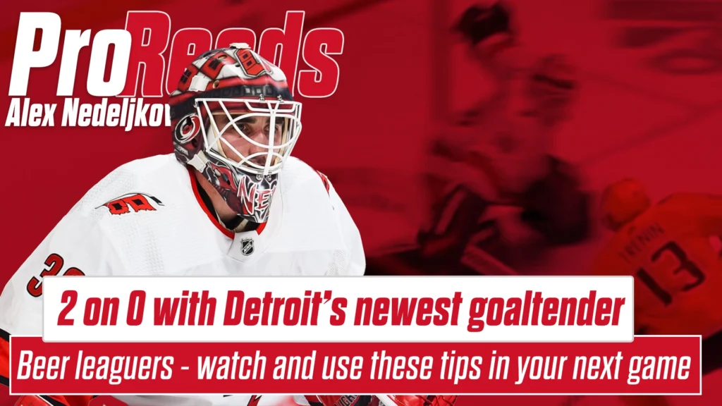 Alex Nedeljkovic in Detroit Red Wings gear in butterfly position, featured in InGoal ProReads 2-on-0 breakdown