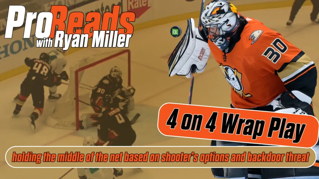 Ryan Miller in Anaheim Ducks gear tracking a wrap attempt, demonstrating post integration and 4-on-4 net coverage in Pro R...