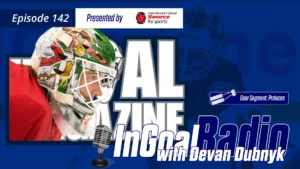 InGoal Radio Episode 142 podcast graphic featuring Devan Dubnyk in colorful goalie mask and red jersey