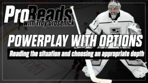 Troy Grosenick in LA Kings white gear in butterfly stance for Pro Reads powerplay depth positioning tutorial