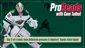 Cam Talbot in Minnesota Wild gear stands in ready position, glove up, illustrating 2-on-1 read depth concepts