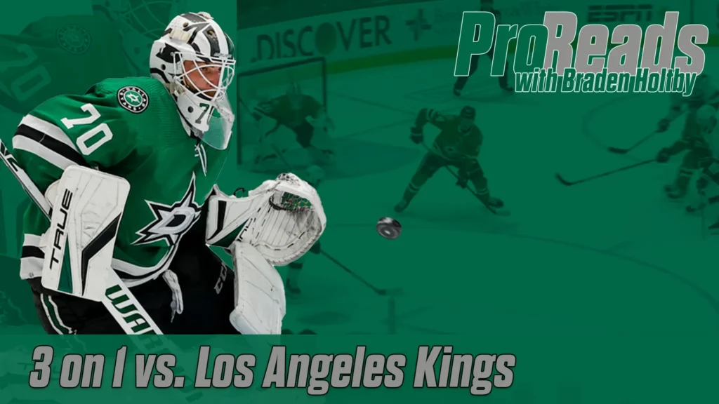 Dallas Stars goalie Braden Holtby in stance facing a 3-on-1 rush vs. Los Angeles Kings in white and green gear