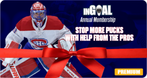 Carey Price in Canadiens gear poses in butterfly stance on InGoal Magazine Premium membership gift card