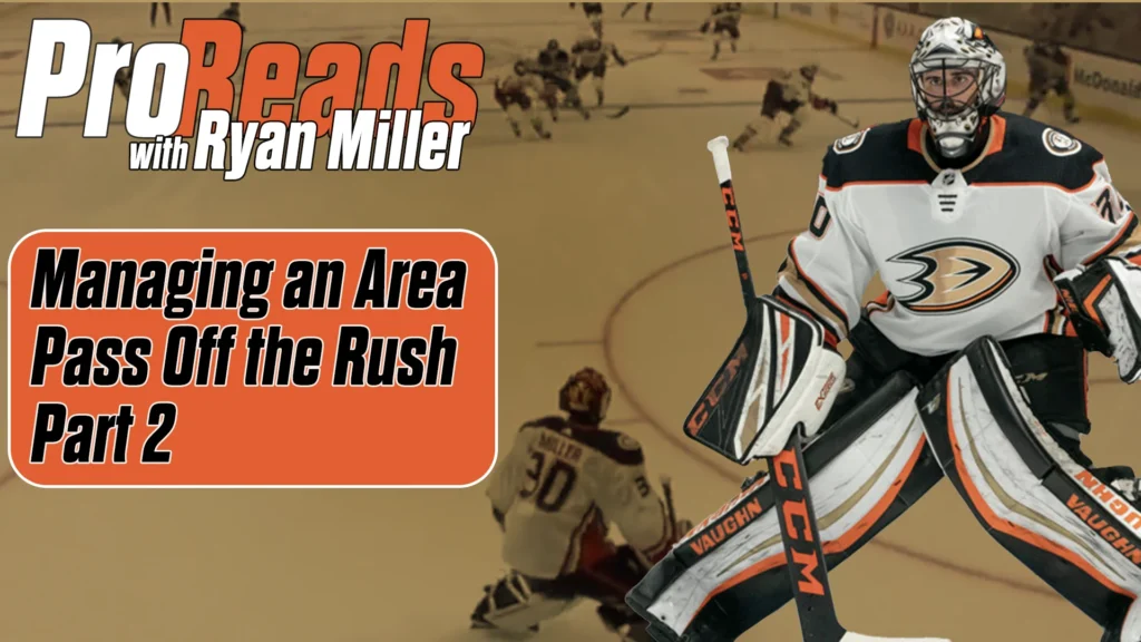 Ryan Miller in Anaheim Ducks gear sets his edges in butterfly position during a rush sequence in Pro Reads instructional s...
