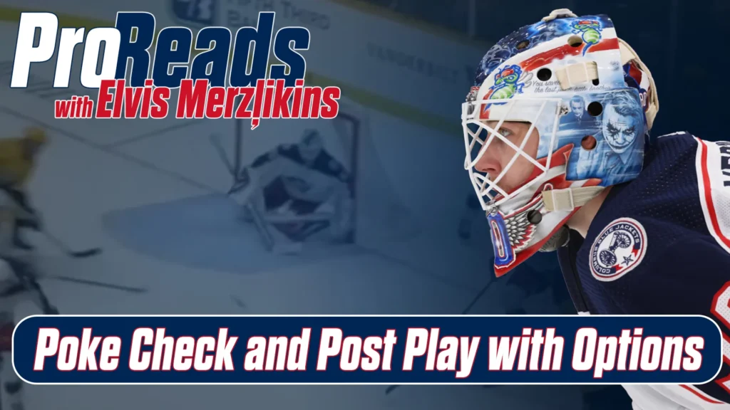 Elvis Merzlikins in Columbus Blue Jackets mask for InGoal Pro Reads series on poke check and post play
