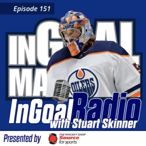 Edmonton Oilers goalie Stuart Skinner in white jersey and painted mask, InGoal Radio Episode 151 podcast artwork