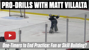 Matt Villalta making a save on a one-timer drill during practice in full goalie gear at the net