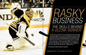 Tuukka Rask in butterfly stance making a pad save in Boston Bruins gear, reaching across crease