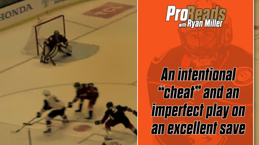 Ryan Miller makes a save in his crease as players converge during a Pro-Reads breakdown of an intentional cheat