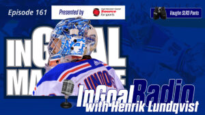 Henrik Lundqvist in New York Rangers gear, InGoal Radio Episode 161 podcast graphic featuring Vaughn SLR3 pants discussion