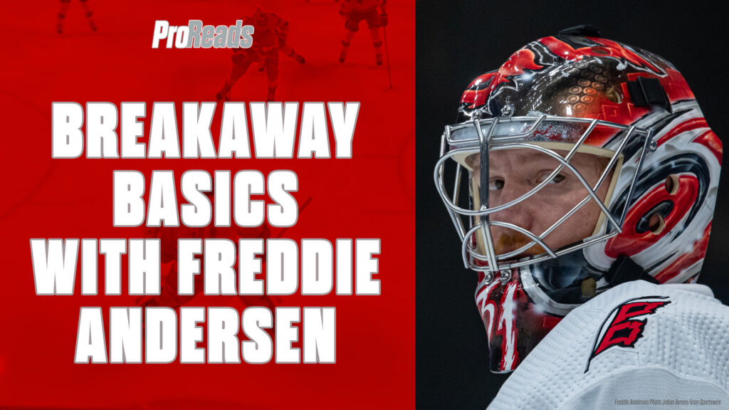 Freddie Andersen in Carolina Hurricanes mask and gear faces camera in close-up portrait for ProReads breakaway basics feature