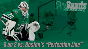 Braden Holtby in Dallas Stars gear squares up in butterfly-ready stance during a 3-on-2 ProReads analysis graphic